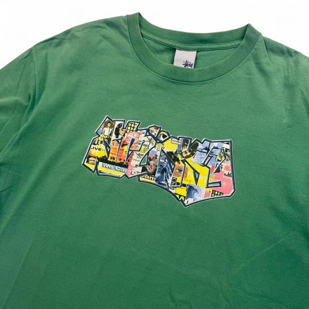Vintage 90s Stussy Green Graffiti Collage Graphic Single Stitch Tee Size L